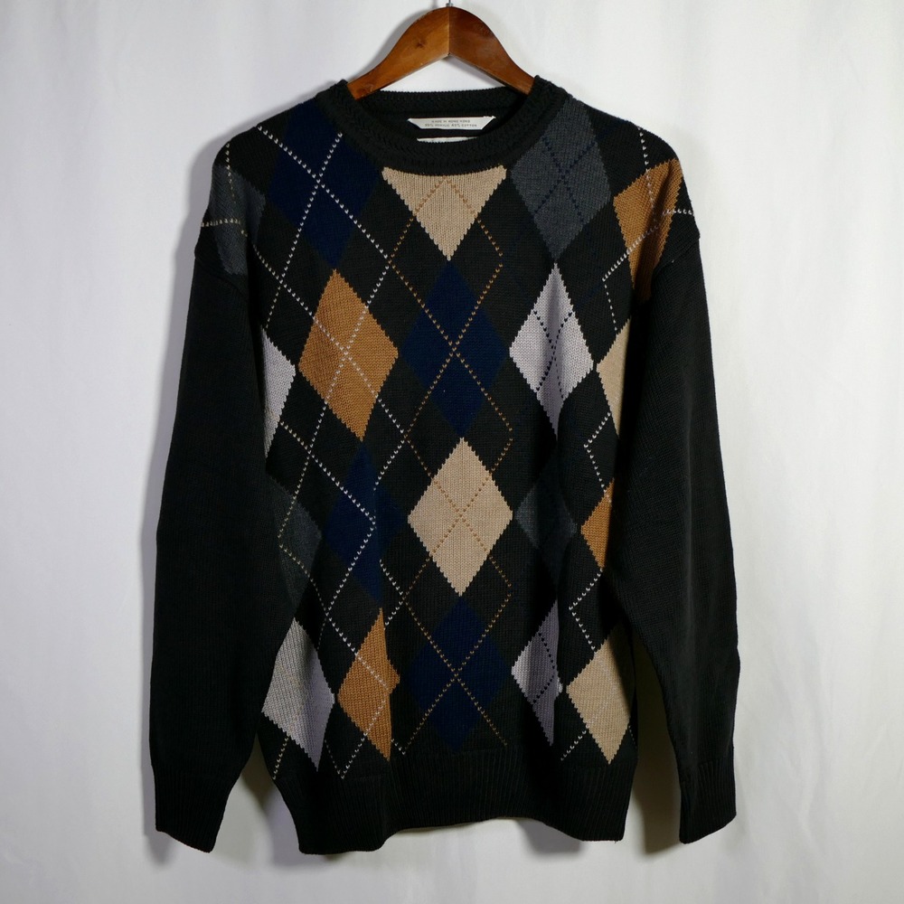 Vintage Men Preppy Academia Argyle Sweater Size M Cotton Blend Old Money Teacher